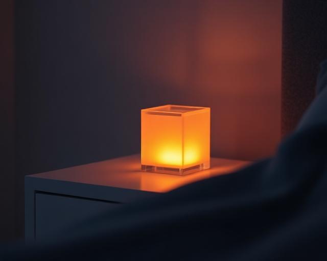 Translucent glowing glass cube on a nightstand