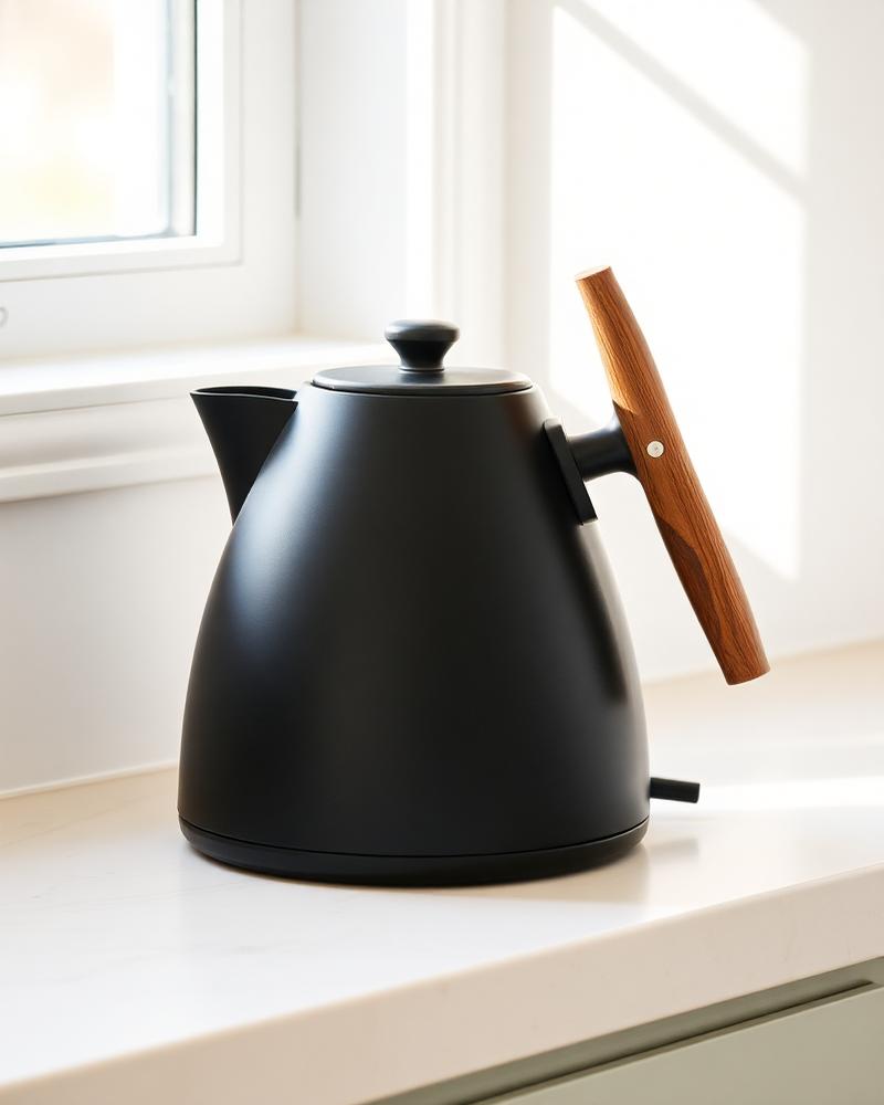 Sculptural matte black electric kettle with wooden handle